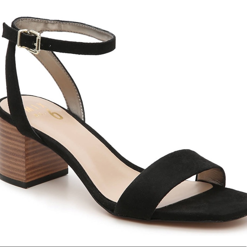 Mix No6 Black Microsuede Strappy Heels Stacked Block Heels